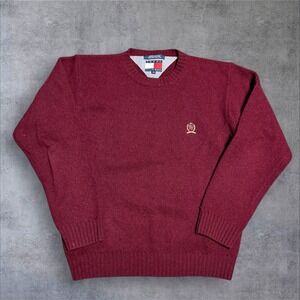 Vintage Tommy Hilfiger Red Knit‎ V Neck Sweater Shetland Wool Medium